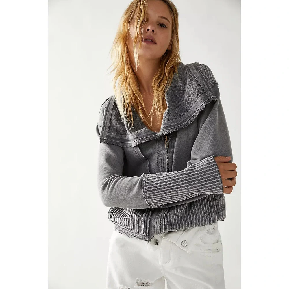New Free People WTF Hazel Cardi $128 SMALL Gray Metal Stiletto Sweatshirt